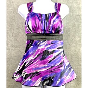 IZ Byer Small Purple Abstract Satin Babydoll Top Sleeveless Padded‎ Festival Y2K